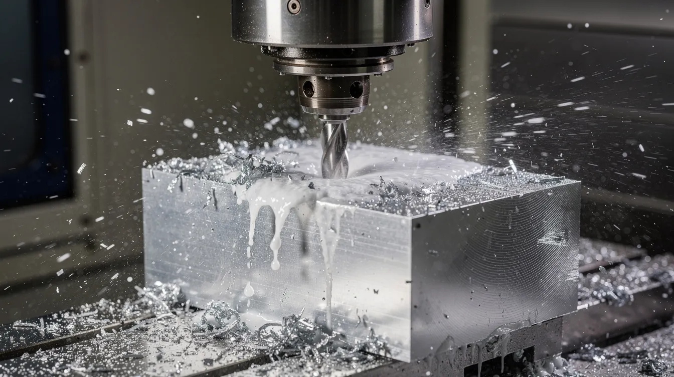 A close-up view of a vertical machining center is shown, actively cutting an aluminum block while coolant spray and metal chips are visibly ejected from the process. This CNC milling operation highlights the machine's precision and capabilities in producing functional parts efficiently.