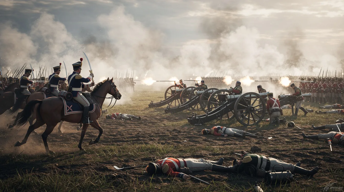 Die historische Schlachtszene zeigt Kavallerie und Soldaten in Uniformen des 19. Jahrhunderts, die auf einem weiten Feld kämpfen. Rauch steigt auf und Kanonen sind aufgestellt, während die Soldaten in einer dramatischen Auseinandersetzung stehen, die an epische Filme von Ridley Scott erinnert.