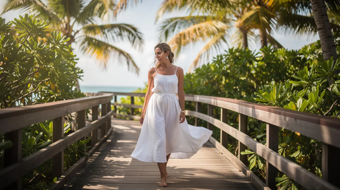 A woman in a white cotton sundress strolls along a tropical boardwalk, surrounded by lush green palm trees, embodying the relaxed vibe of a trip to Costa Rica. She appears ready for outdoor activities, possibly with a bathing suit underneath for a spontaneous beach visit.