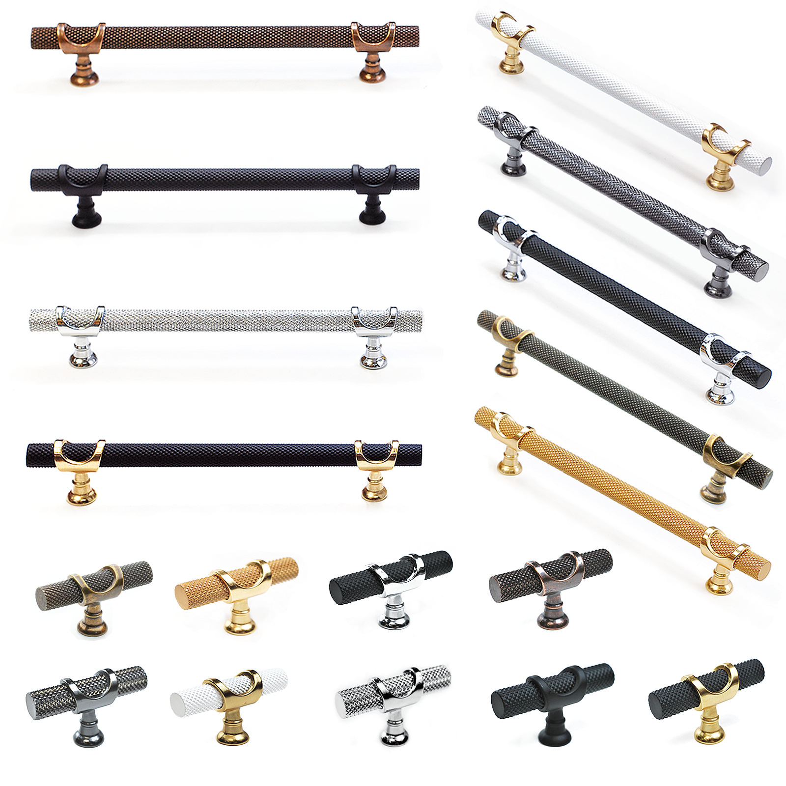 A variety of door knobs and drawer handles in different styles and materials