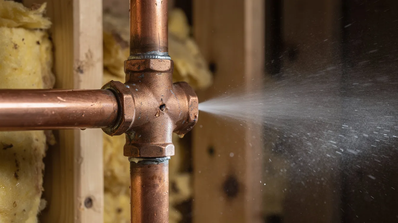 A close-up view of a copper pipe joint is depicted, with water spraying out from a leak inside a residential wall cavity. This image highlights potential plumbing issues that may require the expertise of a professional plumber for efficient repair services.