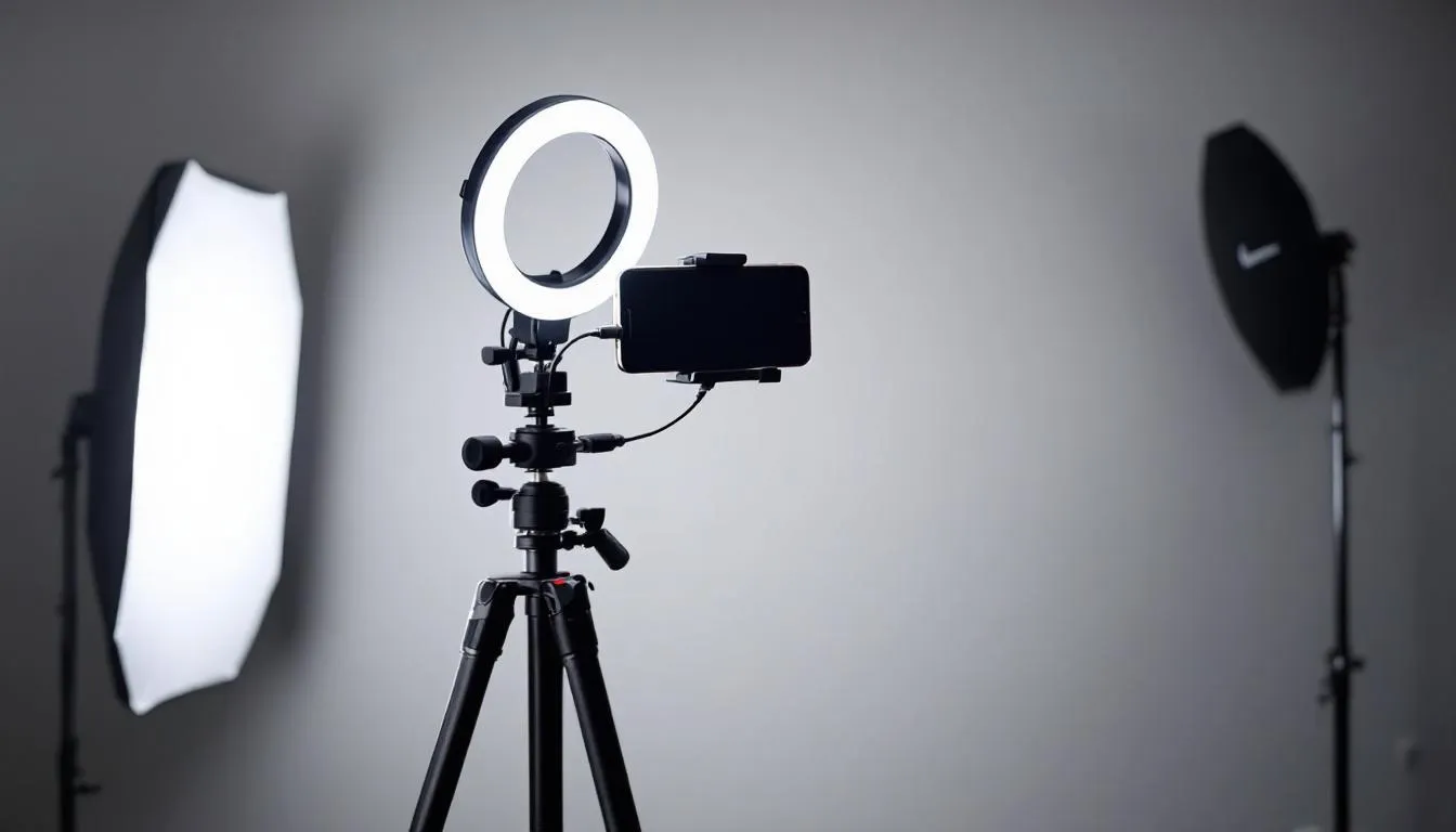 The image depicts a professional smartphone video setup, featuring a sturdy tripod, bright lighting, and high-quality microphone equipment, all arranged to create engaging video content for marketing strategies. This setup is ideal for producing explainer videos or testimonial videos that effectively target an audience and enhance the viewing experience on landing pages or social media platforms.