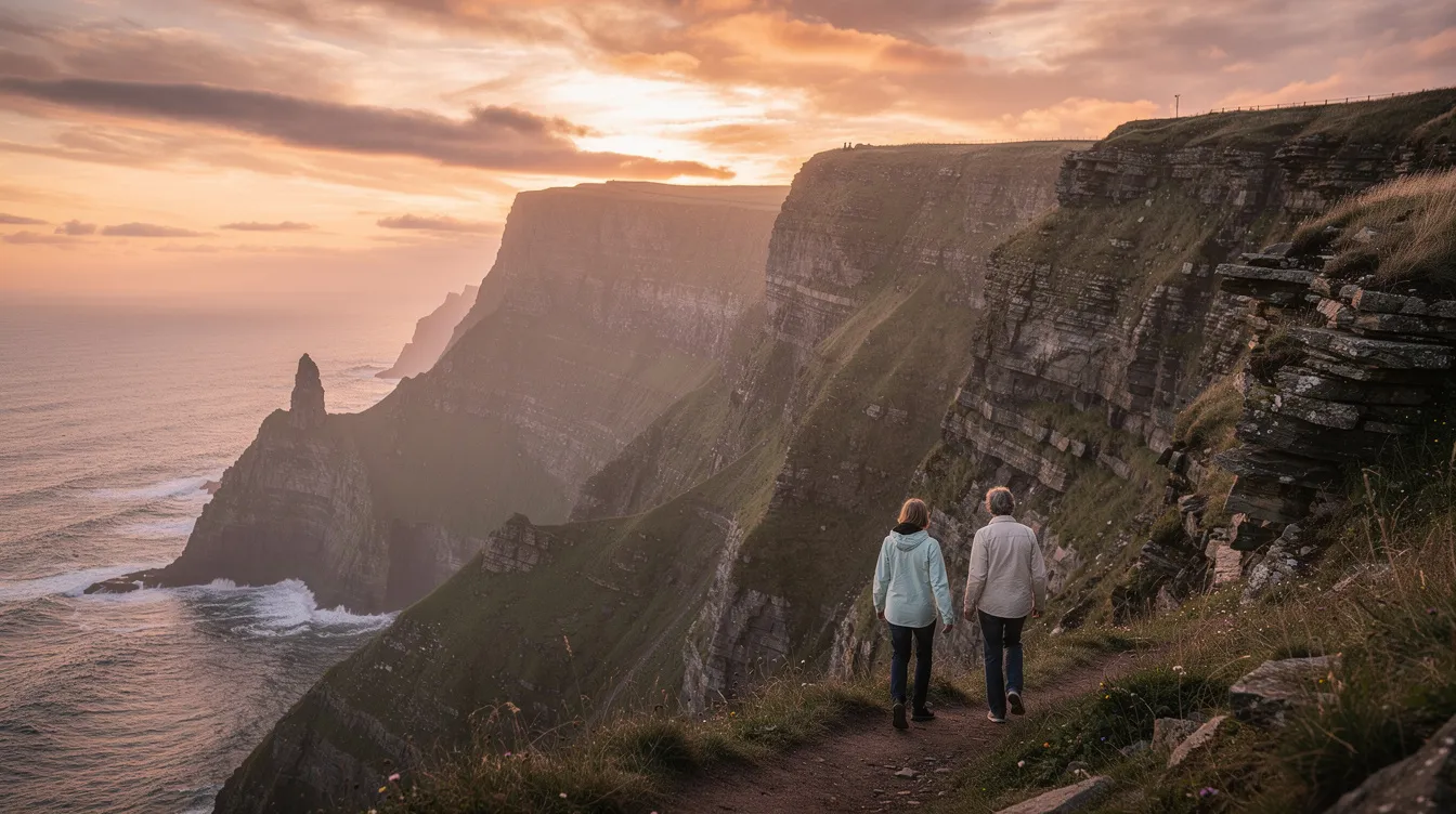 The image shows two people walking hand in hand along dramatic coastal cliffs at sunset, with the vibrant colors of the sky reflecting on the ocean in the background. This picturesque scene captures the romantic essence of the San Diego dating scene, perfect for a memorable first date.