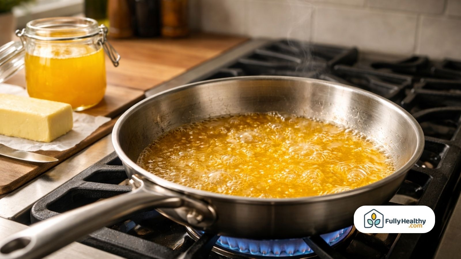 Ghee melting in stainless steel pan over gas stove