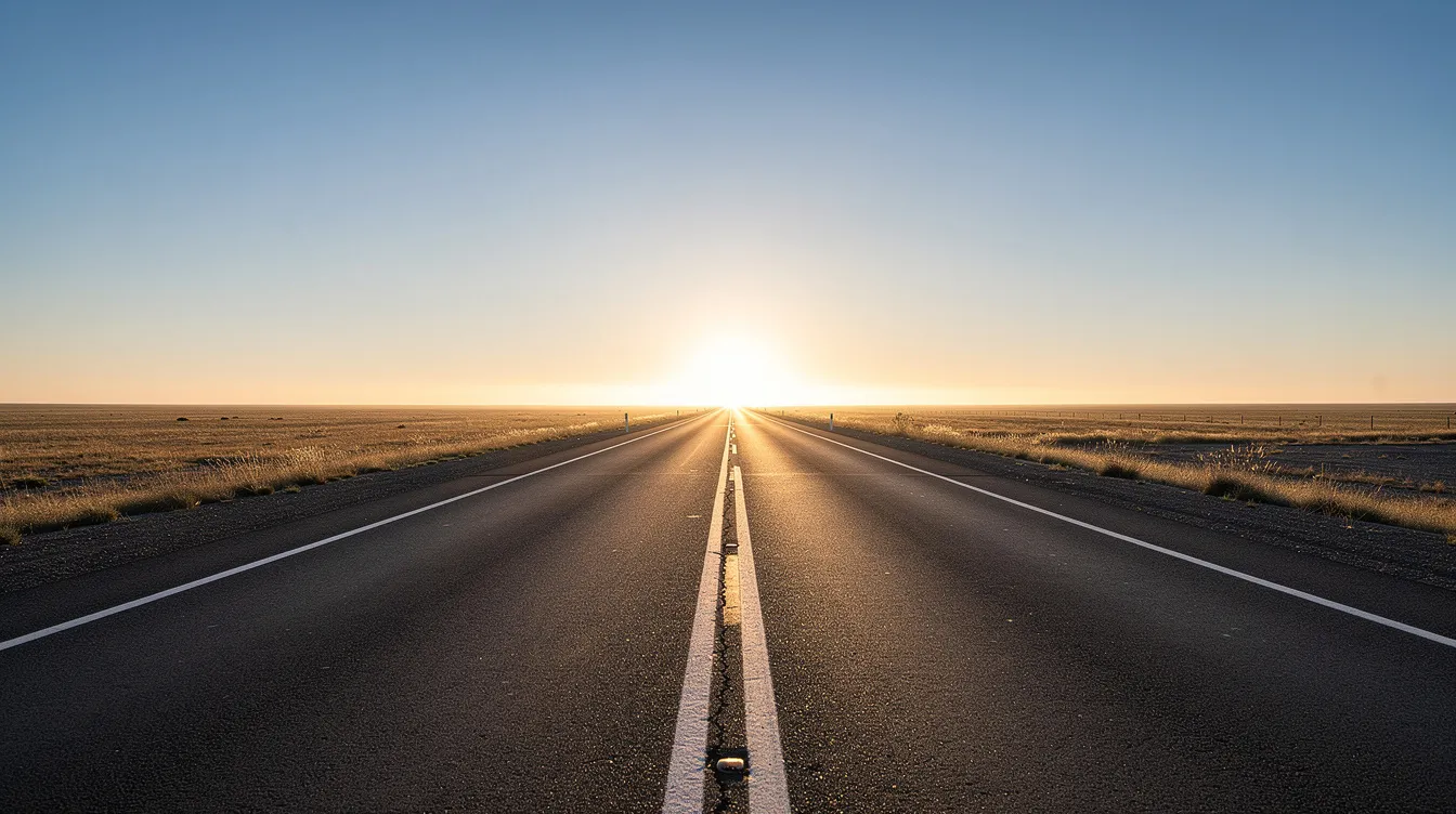 The image depicts a straight road extending towards a bright horizon under a clear blue sky, symbolizing a journey or opportunity. This serene landscape evokes a sense of freedom and possibility, much like the clear financial paths offered by 二線 財務 公司.