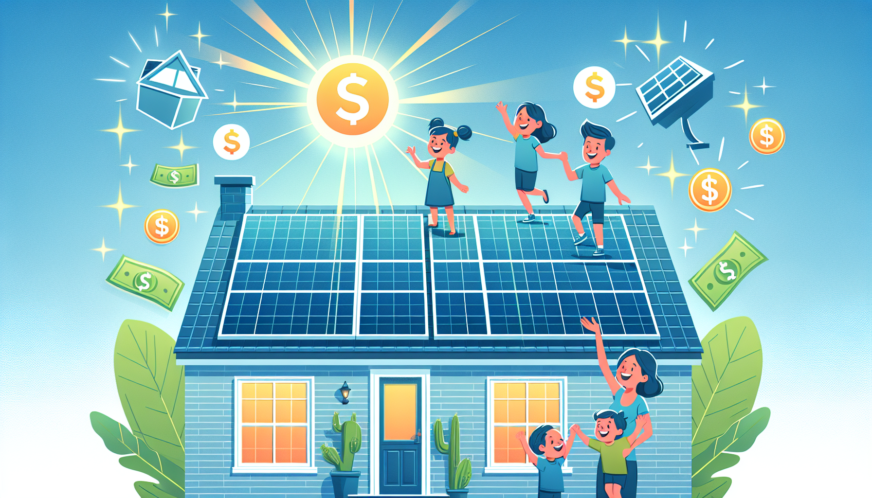 A motivational illustration encouraging people to invest in solar power for tax benefits.