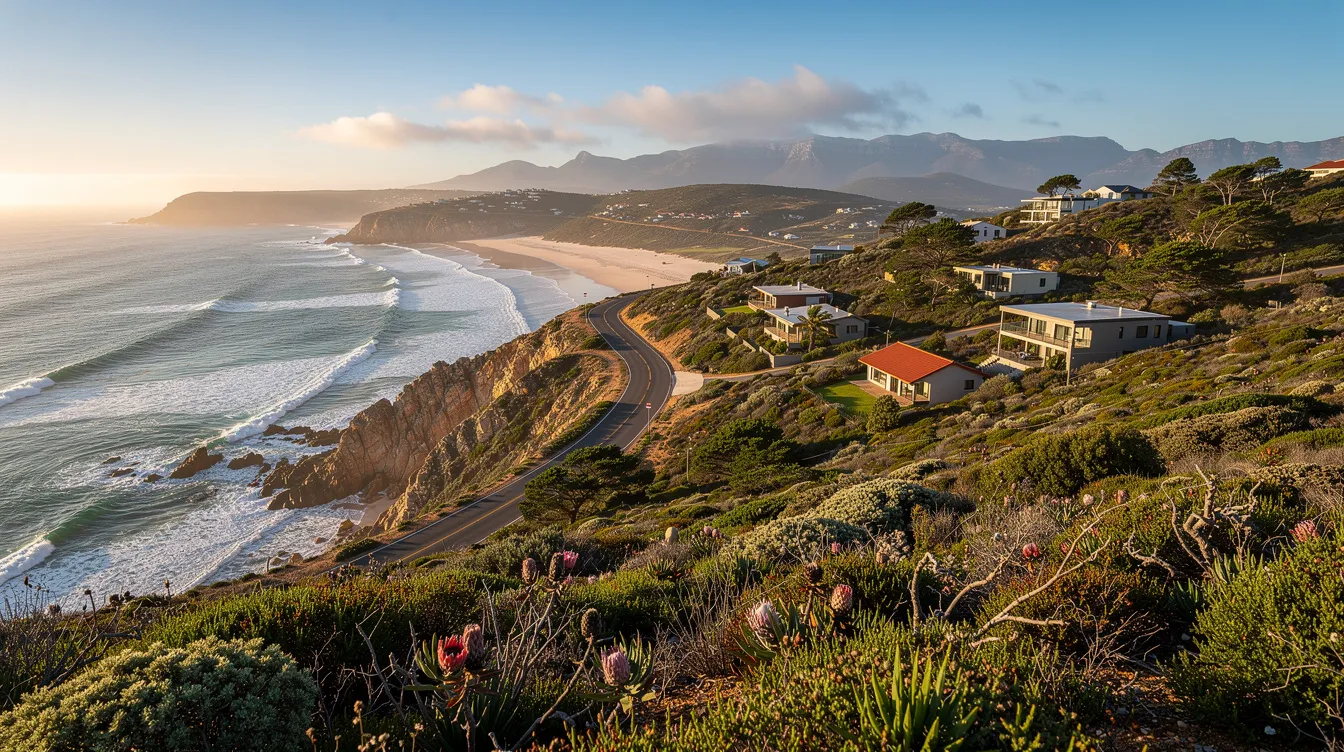 The image depicts a scenic landscape of the Coastal Garden Route, featuring charming houses nestled among lush natural vegetation, with the Brak River flowing nearby. This serene setting highlights the beauty of residential areas where local DSTV installers might offer their professional installation services for satellite TV setups.