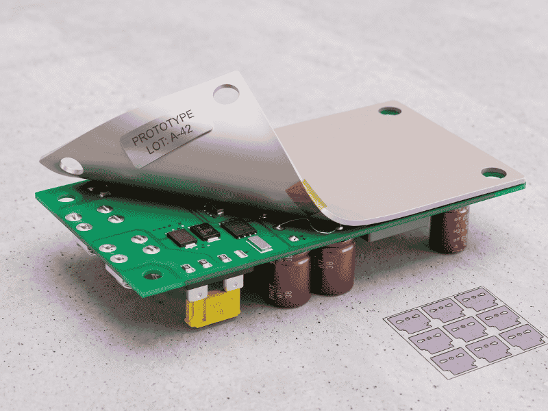 A technical 3D rendering showing a thick silver thermal plate being applied to a green printed circuit board (PCB) with various electronic components. The plate is engraved with "PROTOTYPE LOT: A-42," and a diagram of small thermal pad shapes is visible on the surface below.