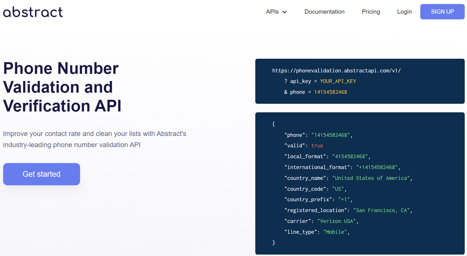 home page of the abstract phone number validator api