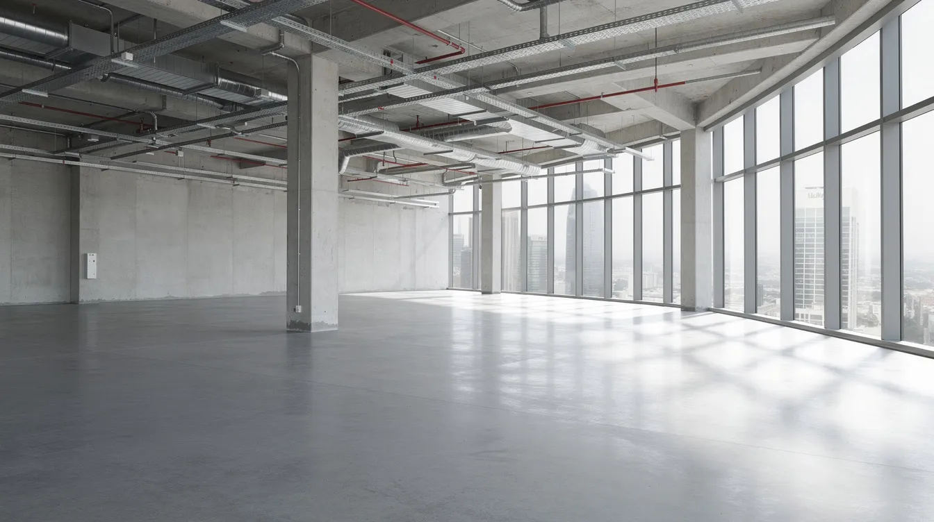 The image depicts a large empty commercial shell space featuring concrete floors and an exposed ceiling structure, illuminated by natural light streaming through expansive windows. This versatile area is ideal for various commercial build outs, offering a blank canvas for potential office space or retail development.