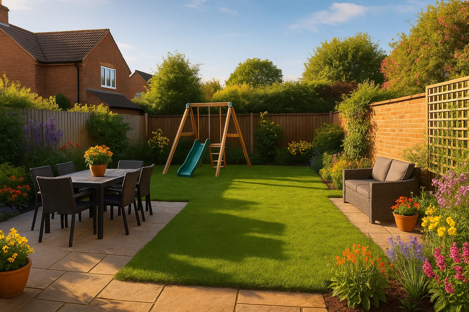 Zoned UK back garden with dining area, play space, and secluded seating.