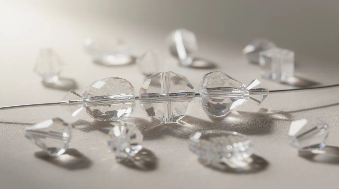 An elegant collection of crystal beads in various shapes, including round, teardrop, and cube, is displayed, showcasing their sparkling surfaces that reflect light beautifully. These semi-precious gemstone beads are perfect for jewellery makers looking to create sophisticated pieces like necklaces, bracelets, and earrings.