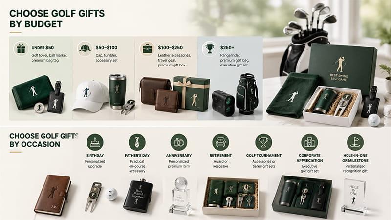Golf gift ideas organized by budget and occasion, from towels and markers to travel gear, executive gift sets, and milestone awards