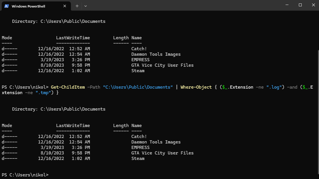 A PowerShell Command Prompt showing a comment, test path and the function "Get-ChildItem -Path "C:\Users\Public\Documents" | Where-Object { ($_.Extension -ne ".log") -and ($_.Extension -ne ".tmp") }"