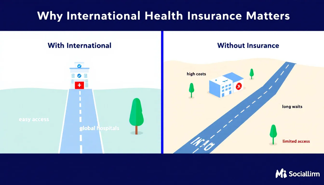 In the infographic, two distinct pathways are illustrated: one labeled “With International Health Insurance,” highlighting easy access to global hospitals, lower medical costs, and prompt medical treatment; the other labeled “Without Insurance,” depicting high costs, long waiting times, and limited access to healthcare services. Overlaying the image is the text “Why International Health Insurance Matters,” emphasizing the importance of having insurance coverage for international travelers.