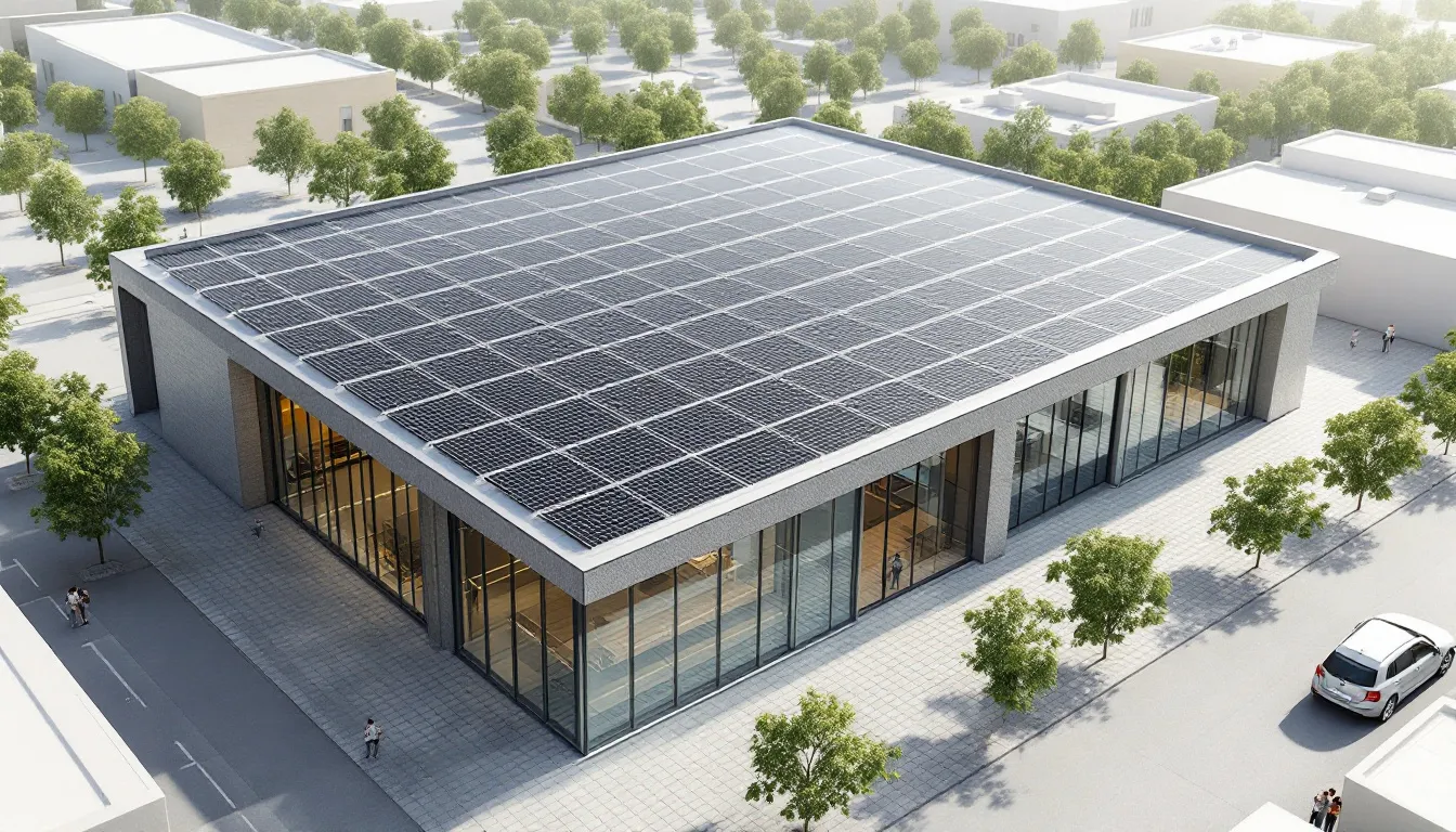 Das Bild zeigt ein modernes Neubau-Projekt mit einem innovativen Photovoltaik-Dach ohne sichtbare traditionelle Ziegel. Die integrierten Solarmodule sind nahtlos in die Dachstruktur eingearbeitet, was eine elegante Optik und effiziente Energieerzeugung ermöglicht.