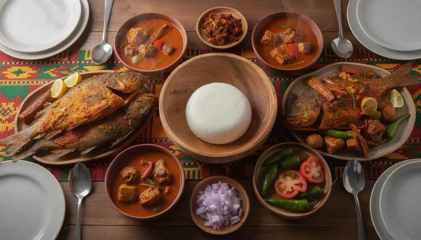 Una mesa está decorada con una variedad de platos tradicionales ghaneses, incluyendo fufu, sopa, pescado frito y coloridos guisos, que reflejan la rica gastronomía de África occidental. Los ingredientes, como el aceite de palma y las especias, crean contrastes vibrantes en esta deliciosa comida típica del país.