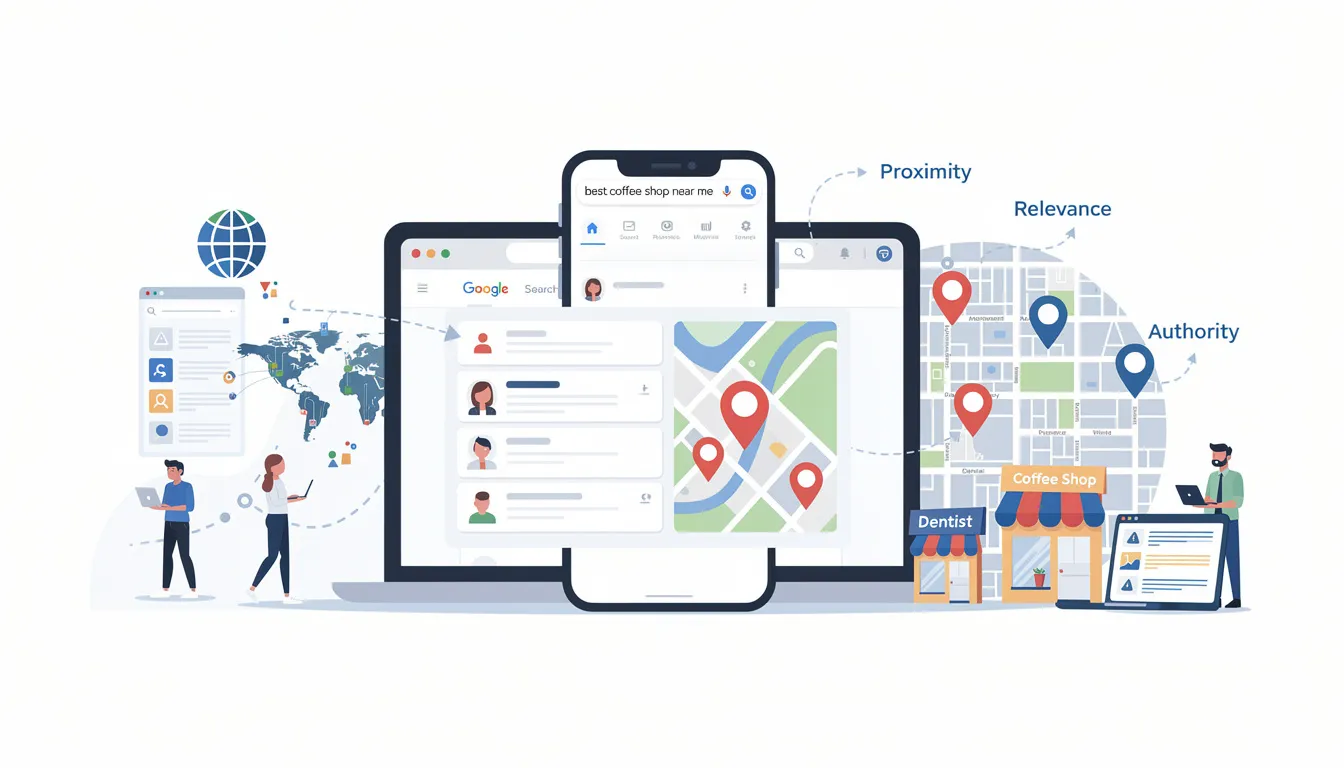 The image illustrates the concept of local SEO, highlighting its importance for local businesses to improve their visibility in local search results, particularly in the local pack on Google Maps. It emphasizes how effective local SEO strategies can connect business owners with potential customers in their local area by optimizing their Google Business Profile and ensuring accurate business details like address and phone number are readily available.