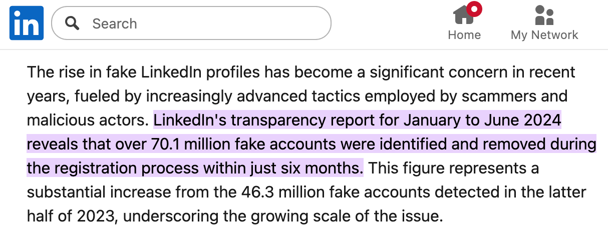 Screenshot from a Linkedin article on fake profiles. (Source: https://www.linkedin.com/pulse/rise-fake-linkedin-profiles-risks-red-flags-how-protect-sultan-s7age/)
