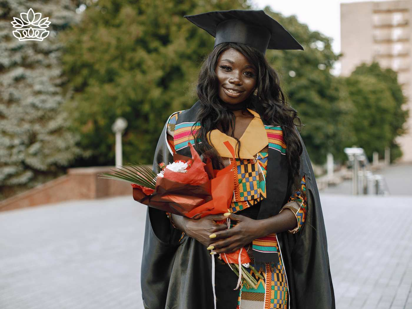 Joyful African graduate in traditional attire holding a bouquet of flowers, celebrating her academic achievements outdoors. Graduation Flowers Delivered with Heart by Fabulous Flowers and Gifts.