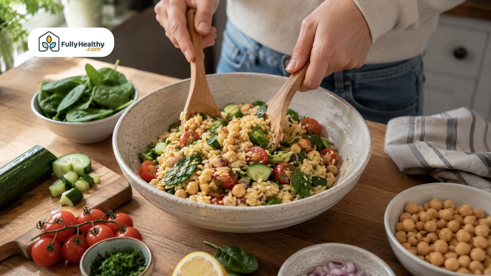 Person mixing fresh orzo salad with chickpeas vegetables spinach and herbs