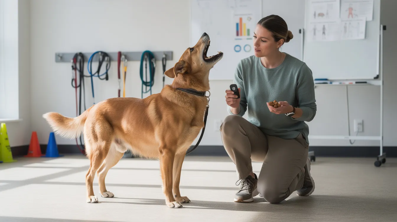 The image depicts a concerned dog owner observing their barking dog, who appears anxious and frustrated, possibly due to separation anxiety or territorial behavior. The scene emphasizes the importance of understanding the root causes of excessive barking and highlights the need for professional training solutions to help reduce unwanted barking in dogs.