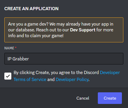 Creating a new application on the Discord developer portal