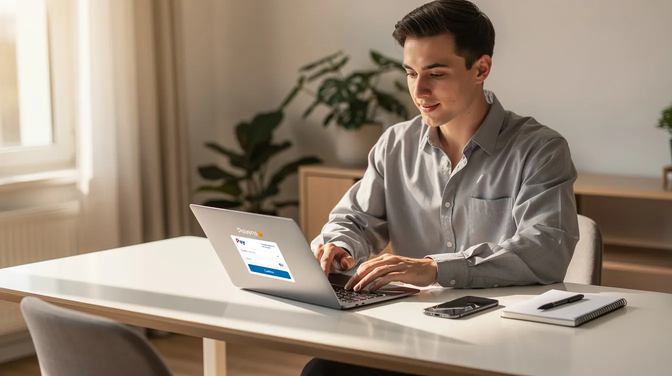 The image depicts a young professional sitting at a modern home office desk, focused on completing an online payment on their laptop. The setting conveys a sense of efficiency and convenience, highlighting the importance of hassle-free money transfer services like those offered by Karnataka Bank for individuals and businesses alike.