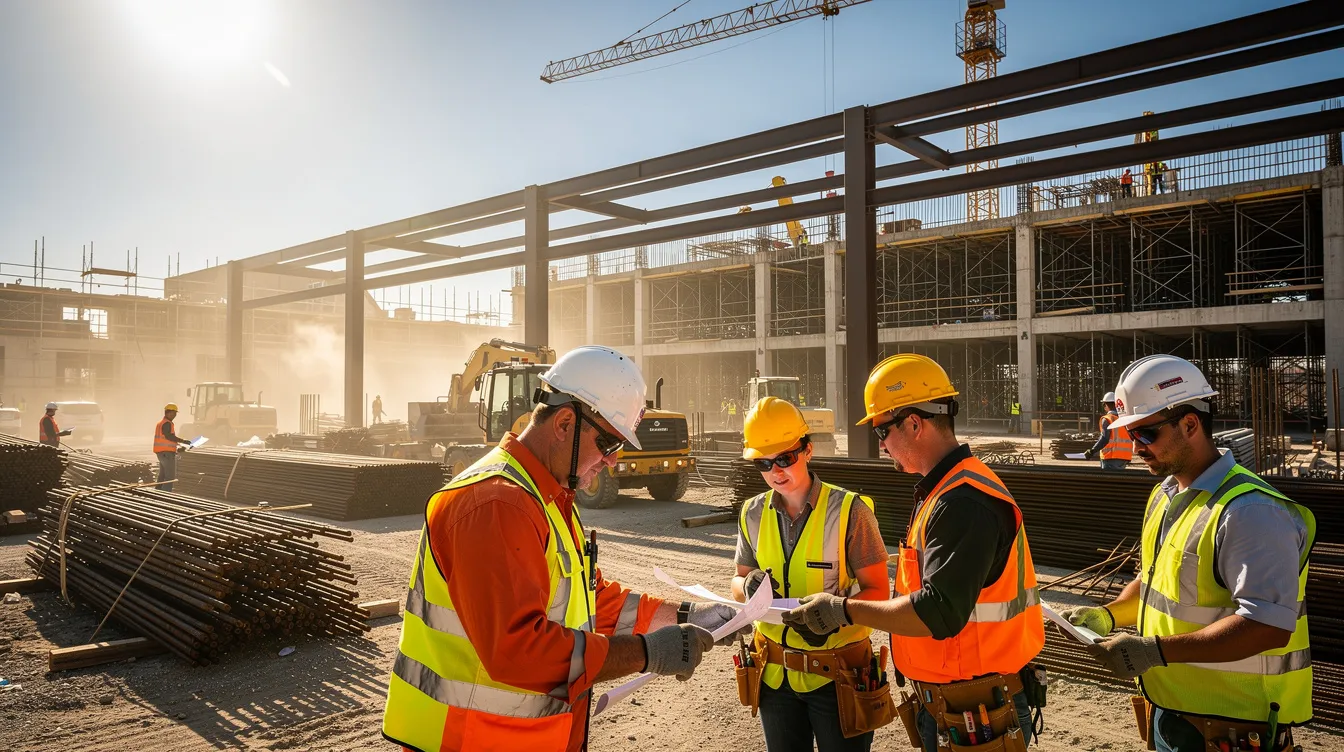 A construction crew, wearing safety vests and hard hats, is actively working on a large commercial jobsite in Central Texas during a hot summer day, focused on building infrastructure for future data centers. The scene showcases the workers using various tools and equipment, highlighting the ongoing efforts of data center developers in the region.