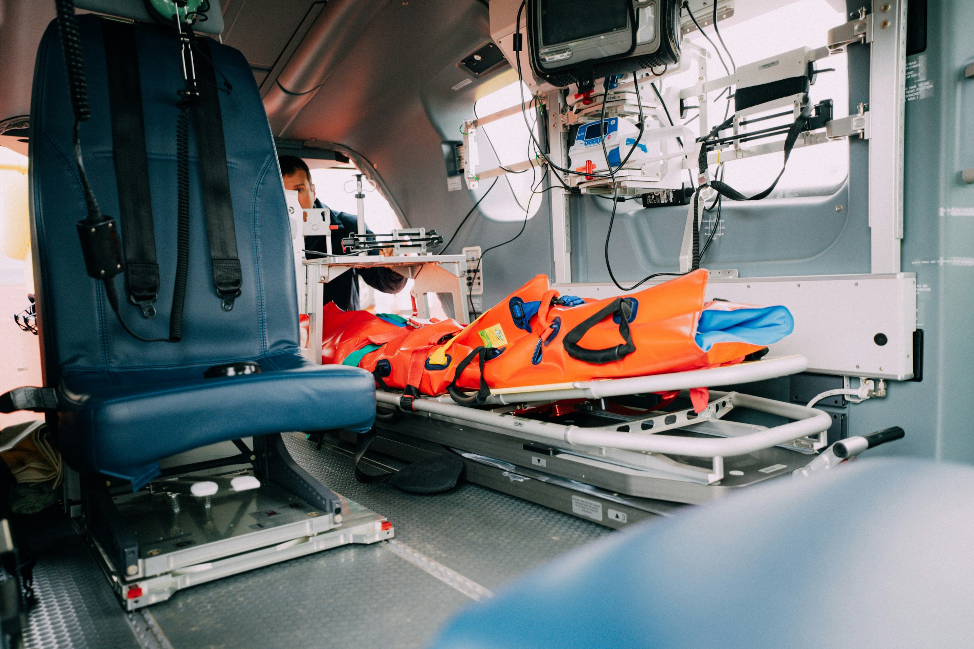 Ambulance interior with a stretcher and medical equipment