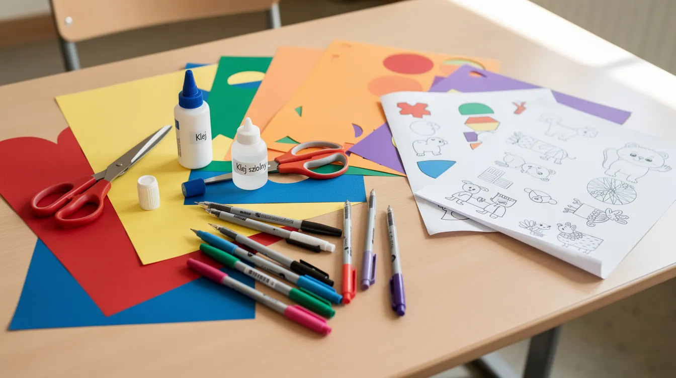 Na szkolnej ławce rozłożone są kolorowe materiały plastyczne, w tym kolorowy papier, nożyczki, klej, cienkopisy oraz wydrukowane ilustracje, kt&oacute;re mogą być wykorzystane do tworzenia dekoracji lapbooka. Uczniowie mogą używać tych element&oacute;w do przygotowania projektu w formacie PDF, nawiązującego do temat&oacute;w związanych z prześladowaniami chrześcijan i postacią Nerona.