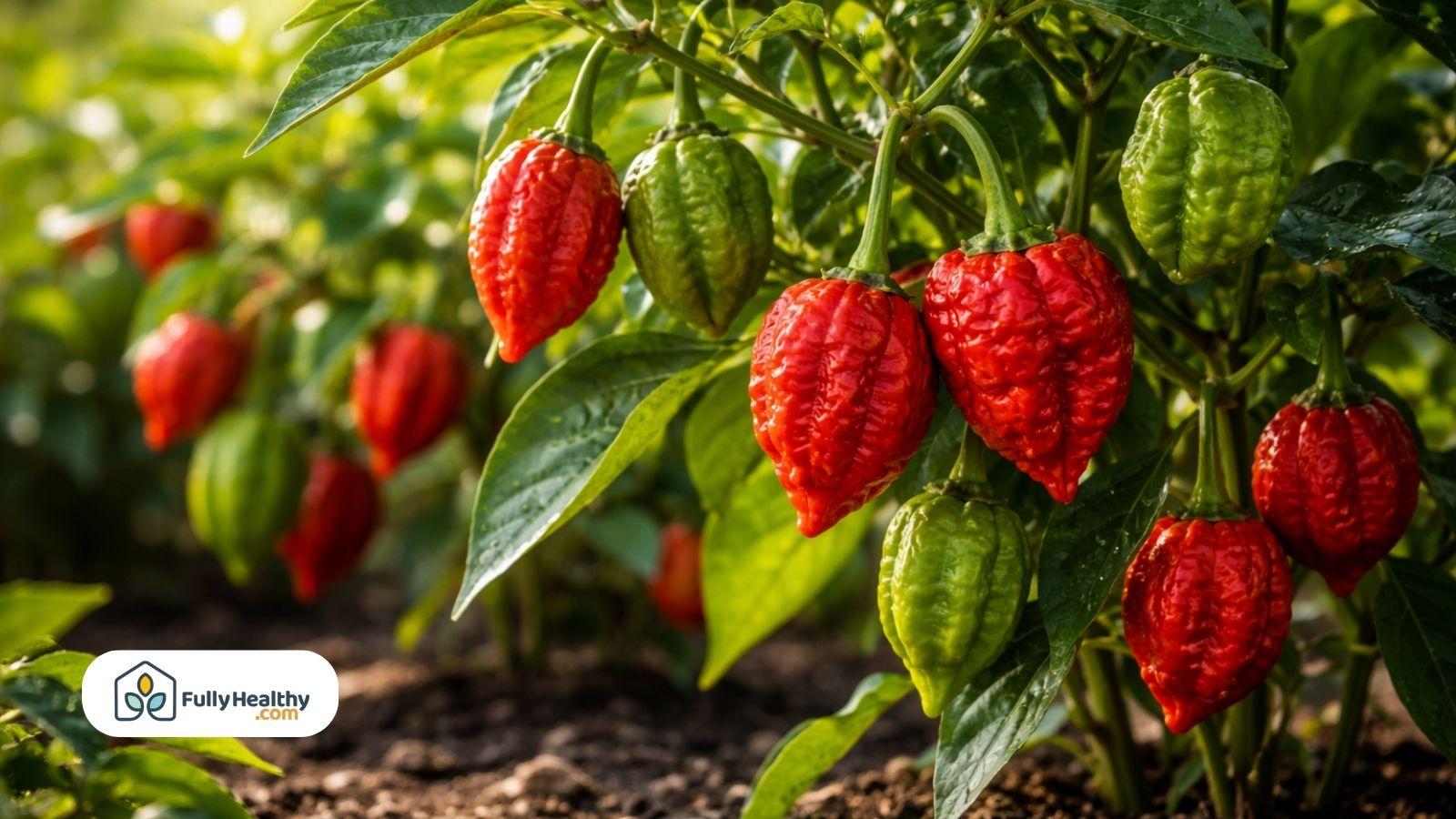 Red and green chili peppers growing on plant in garden sunlight