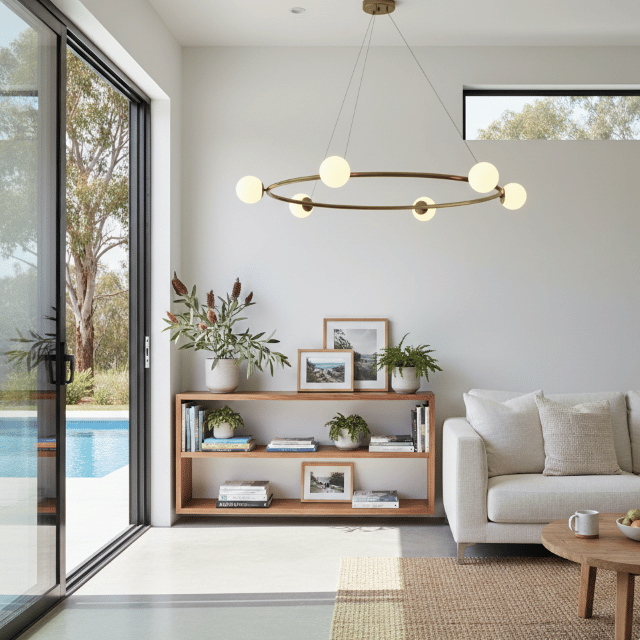 Circular brass chandelier with globe bulbs suspended in a bright living room, creating balanced ambient lighting.