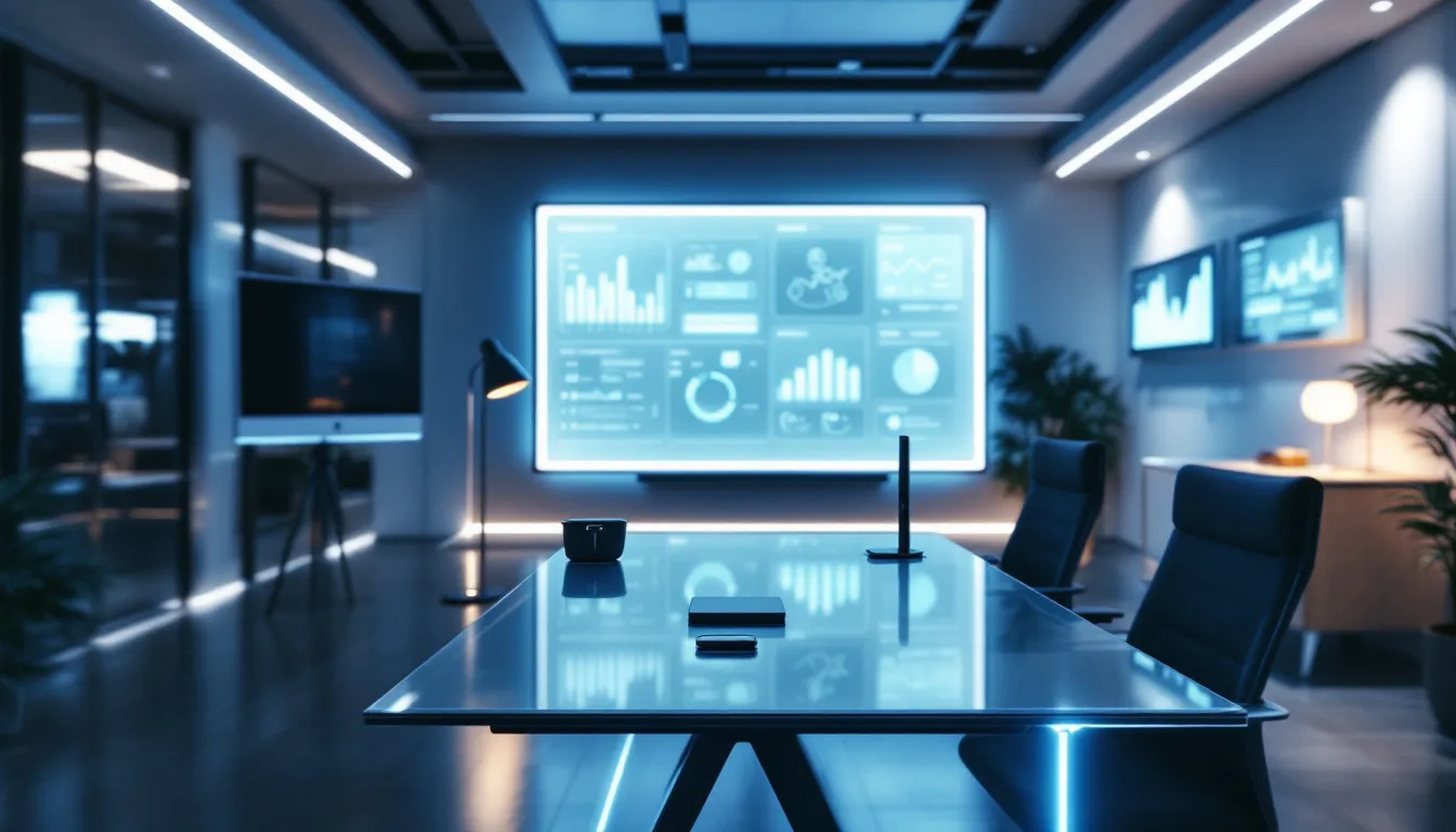 The image depicts a modern office environment showcasing various digital transformation technologies, including screens displaying data analytics and automation solutions. This setting highlights the role of a chief automation officer in streamlining business processes and enhancing operational efficiency through intelligent automation and robotic process automation.