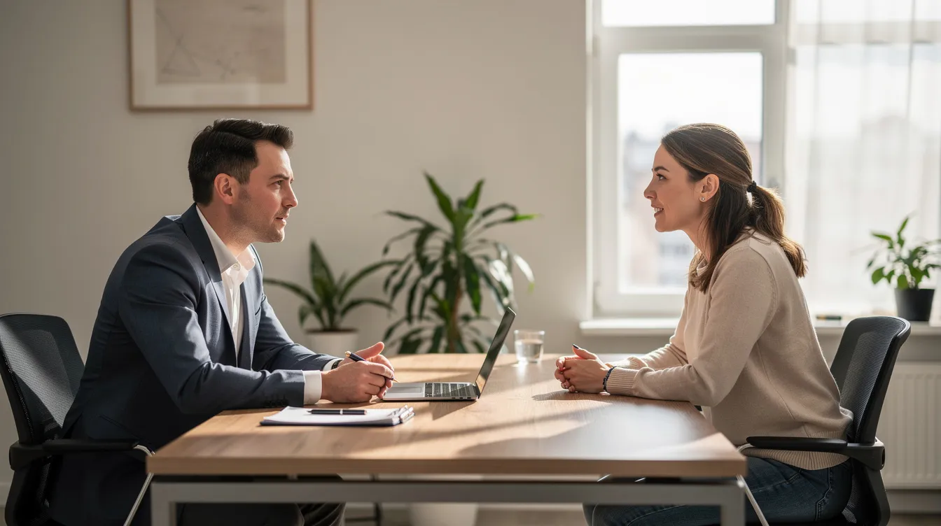 The image depicts two professionals engaged in a discussion across a desk in a well-lit office, focusing on financial matters such as debt restructuring and loan applications. The natural lighting enhances the atmosphere of collaboration and problem-solving in their financial company setting.