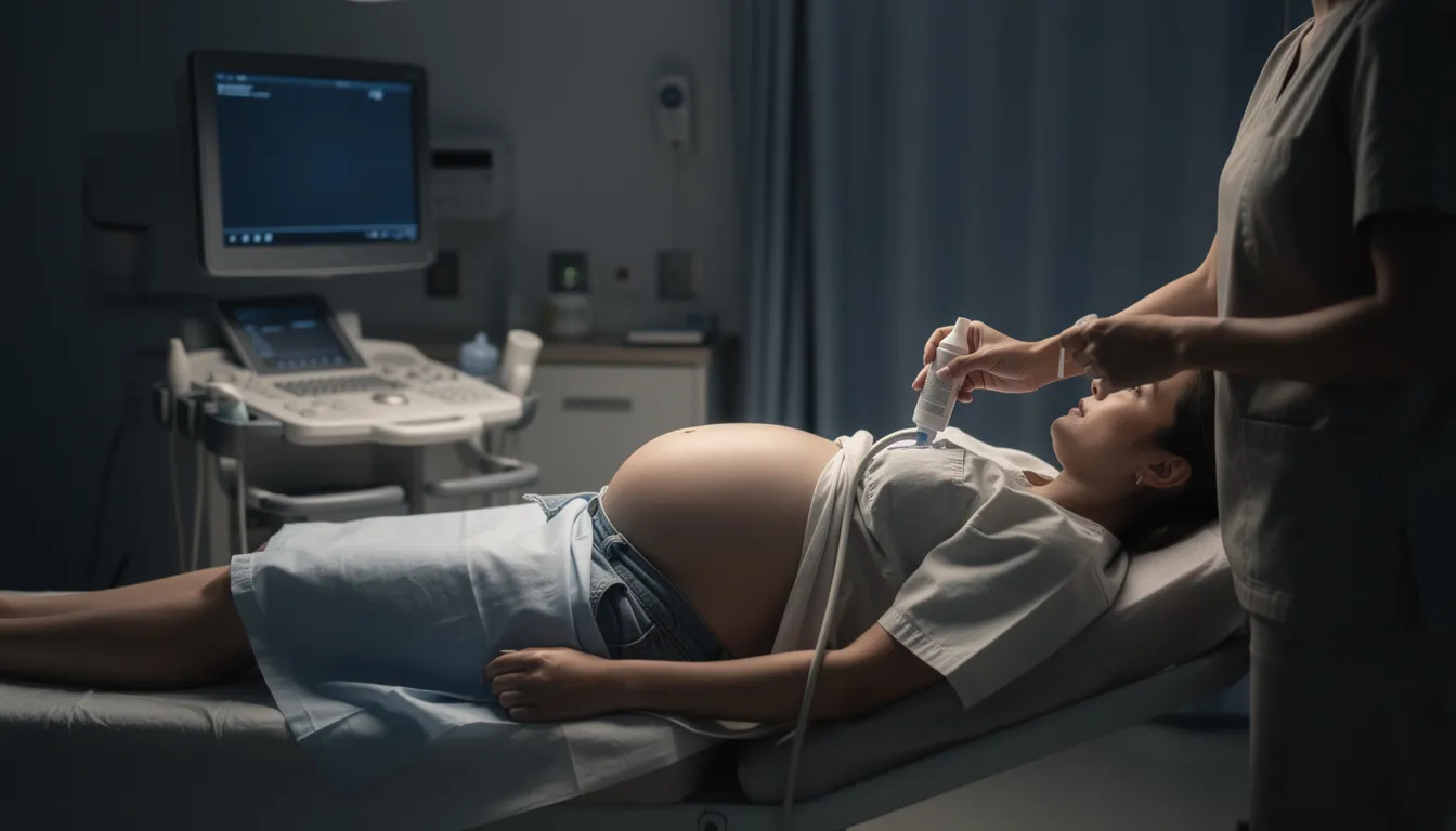 En gravid kvinna ligger på en undersökningsbrits i ett halvmörkt rum medan en barnmorska förbereder en rutinultraljudsundersökning för att bedöma fostrets hälsa och utveckling i graviditetsvecka 18. Rummet är tyst och lugnt, och kvinnan verkar förväntansfull inför att få veta mer om barnet som växer i hennes mage.