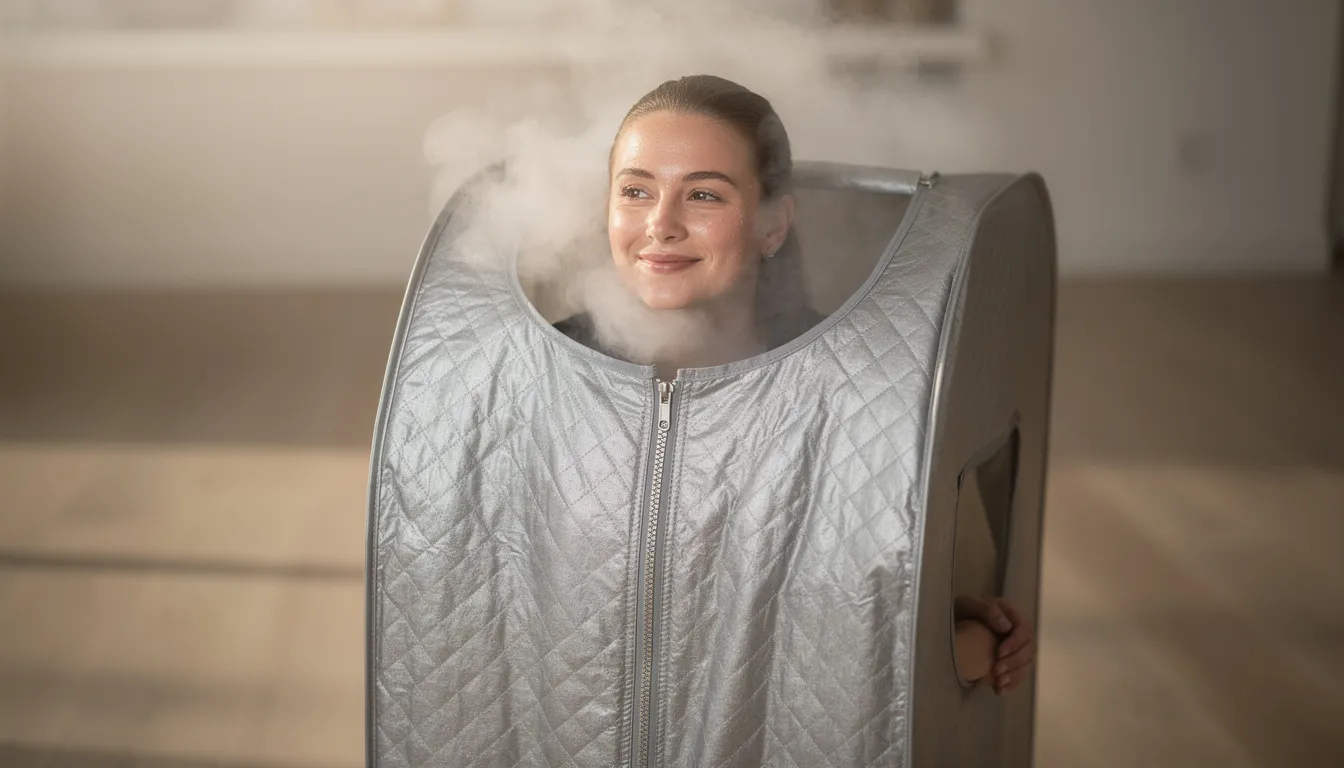 A person is seated inside a portable steam sauna tent, with only their head visible above the zipper, as steam rises around them, creating a soothing atmosphere for sauna therapy. This setup offers a convenient way to enjoy the health benefits of heat therapy and improve overall well-being in a compact space.