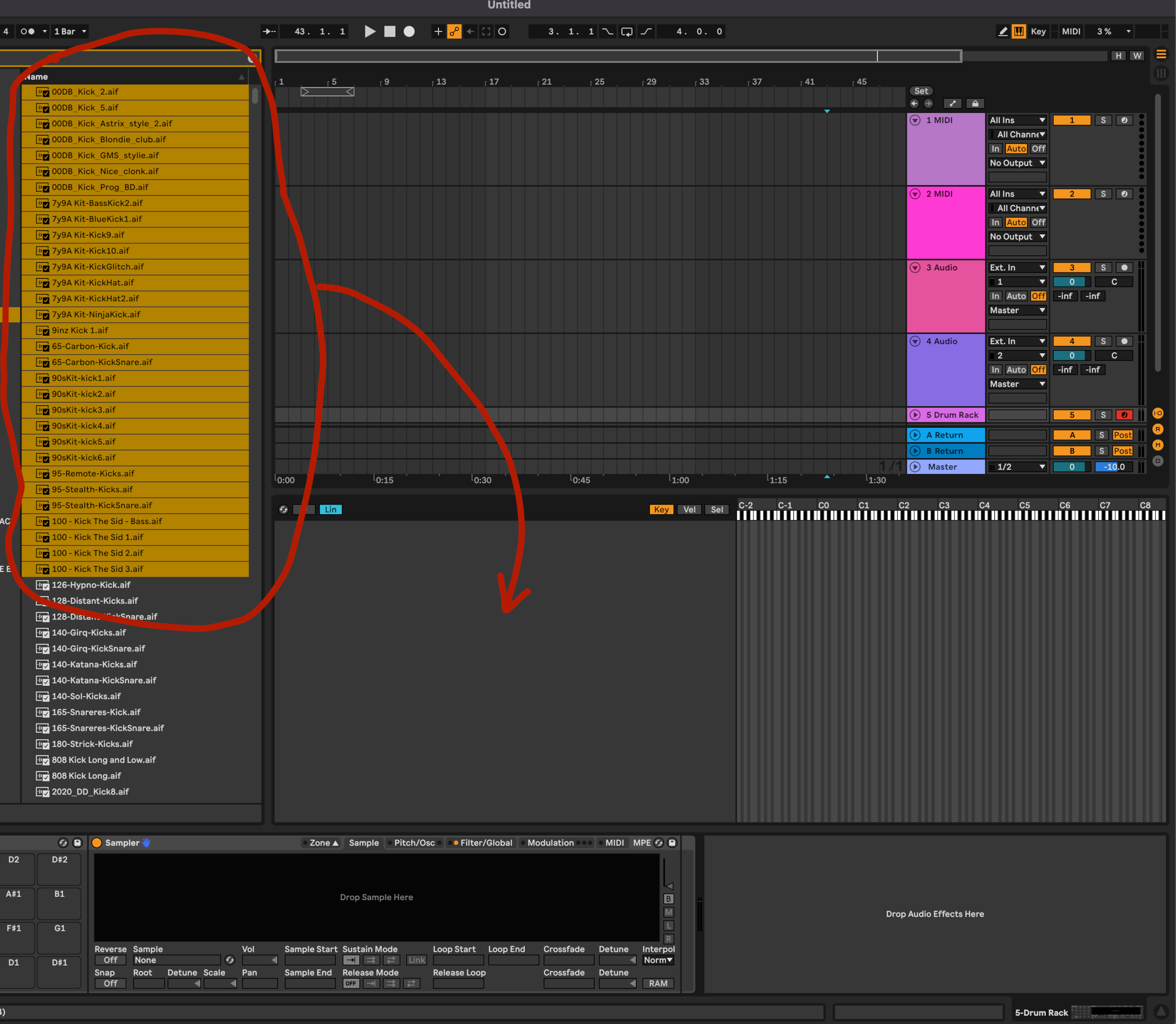 Ableton Live with a list of kick samples