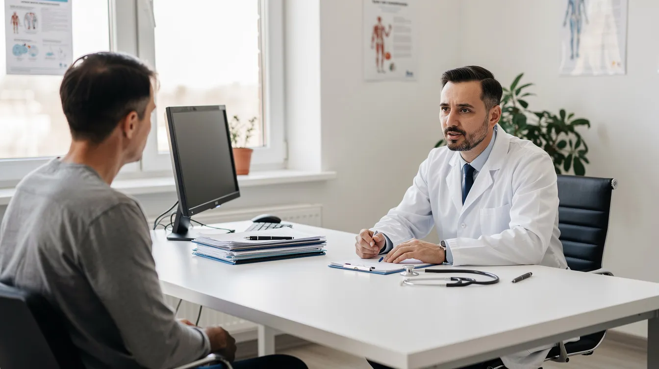 A doctor in a white coat is engaged in a conversation with a patient across a desk in a bright medical office, discussing topics related to respiratory health and asthma management. The setting suggests a focus on improving lung function and supporting the immune system, possibly exploring the health benefits of medicinal mushrooms for alleviating asthma symptoms and reducing airway inflammation.