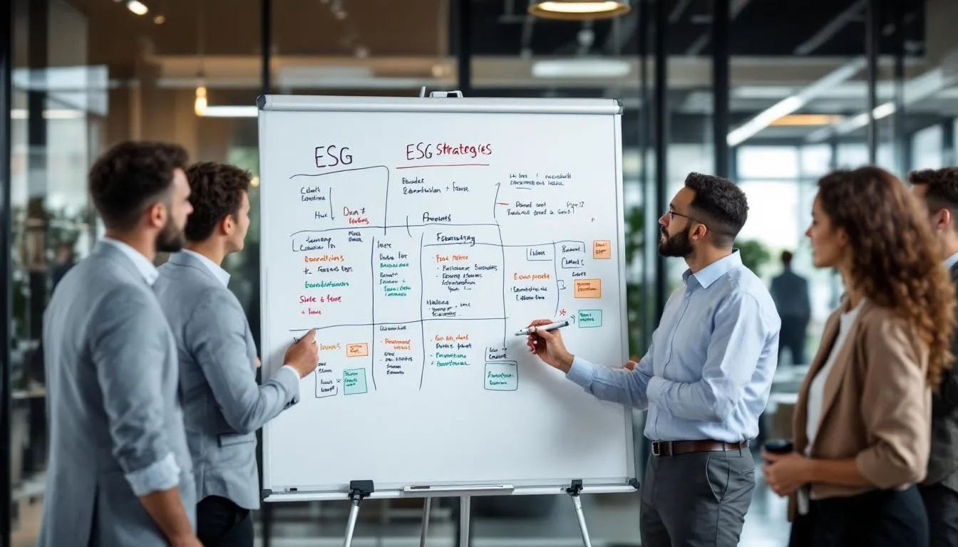 Das Bild zeigt ein Projektteam, das gemeinsam ESG-Strategien auf einem Whiteboard entwickelt. Dabei werden wichtige Aspekte wie Umwelt, Soziales und Unternehmensführung diskutiert, um nachhaltige Lösungen für das Unternehmen zu finden.
