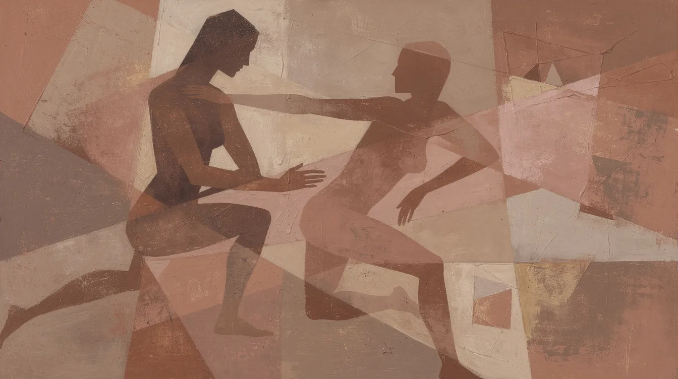 Die abstrakte Darstellung zeigt kantige, stilisierte menschliche Figuren in erdigen und rosafarbenen Tönen, die vor einem fragmentierten Hintergrund angeordnet sind. Diese Komposition erinnert an die kubistische Kunstbewegung, die von Künstlern wie Pablo Picasso und Georges Braque geprägt wurde.