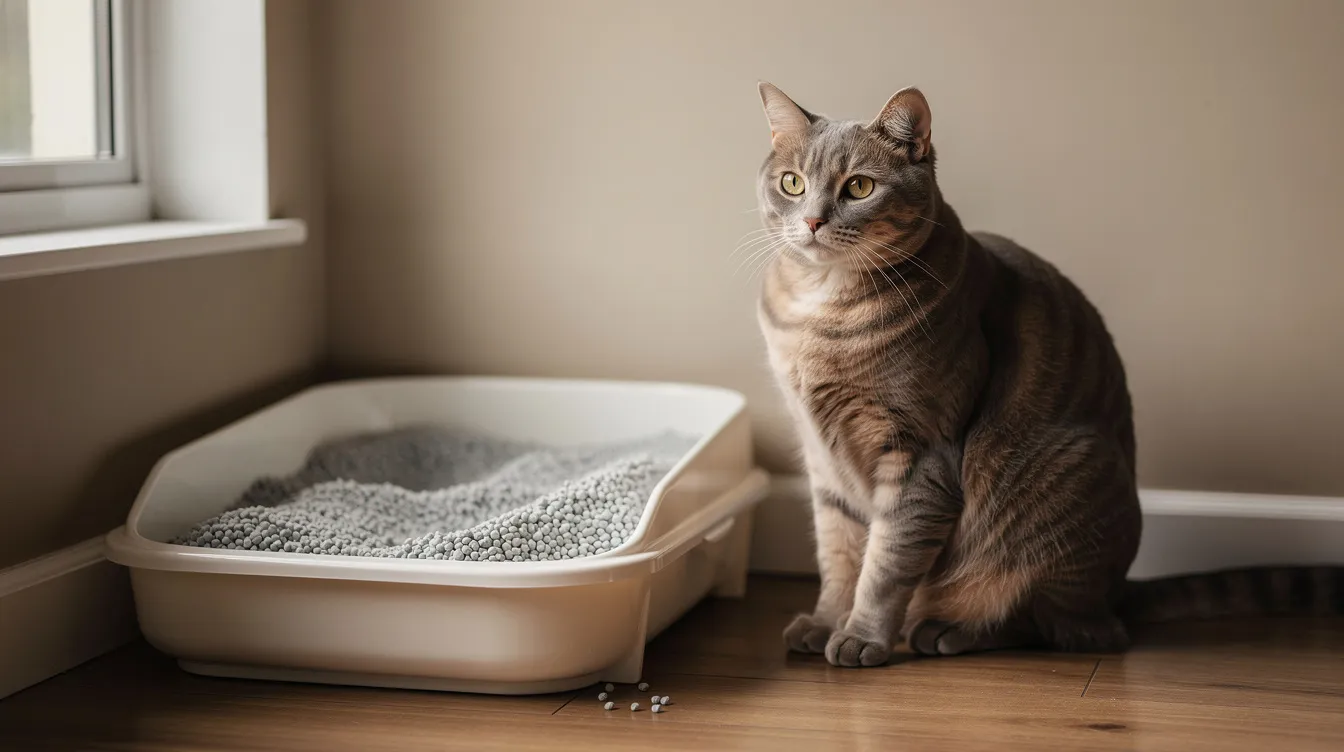 A domestic cat is sitting calmly near a clean litter box in a quiet corner of a home, suggesting a healthy and comfortable environment for the feline friend. This serene setting is essential for pet owners to monitor their cat's health and daily routine, especially if they are concerned about any potential issues like vomiting or dietary indiscretion.