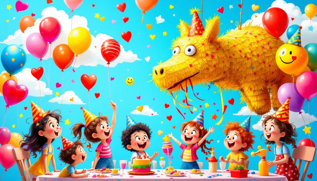 Een kleurrijke uitnodiging kinderfeestje met ballonnen en feesthoedjes.