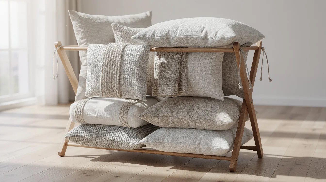The image features a variety of pillows, including memory foam, down, and throw pillows, neatly arranged on a wooden drying rack in a bright, airy room. This setup highlights the air drying process, showcasing the pillows in a well-ventilated area, ideal for complete drying and proper care after washing.