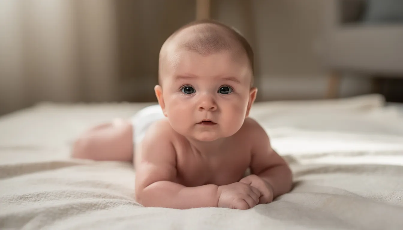 Na zdjęciu widać niemowlę w wieku około 3 miesięcy leżące na brzuchu, z uniesioną główką, opierając się na przedramionach. To ułożenie jest istotne dla prawidłowego rozwoju ruchowego maluszka, ponieważ wspiera rozwój umiejętności oraz wzmacnia napięcie mięśniowe.