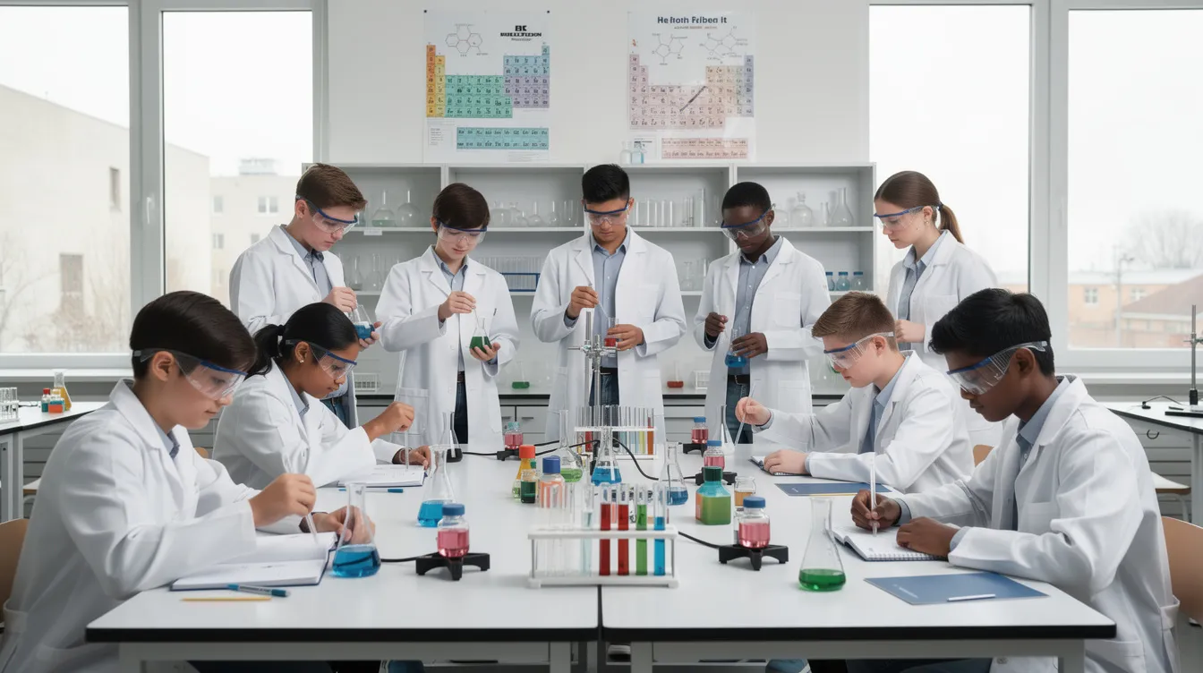 Na obrazku widać uczni&oacute;w w fartuchach laboratoryjnych, kt&oacute;rzy pracują przy stole w szkolnej pracowni chemicznej. Na stole znajdują się r&oacute;żne substancje chemiczne, a uczniowie przeprowadzają eksperymenty związane z ich przemianami, co jest częścią materiału z chemii w klasie 7, dział 1.