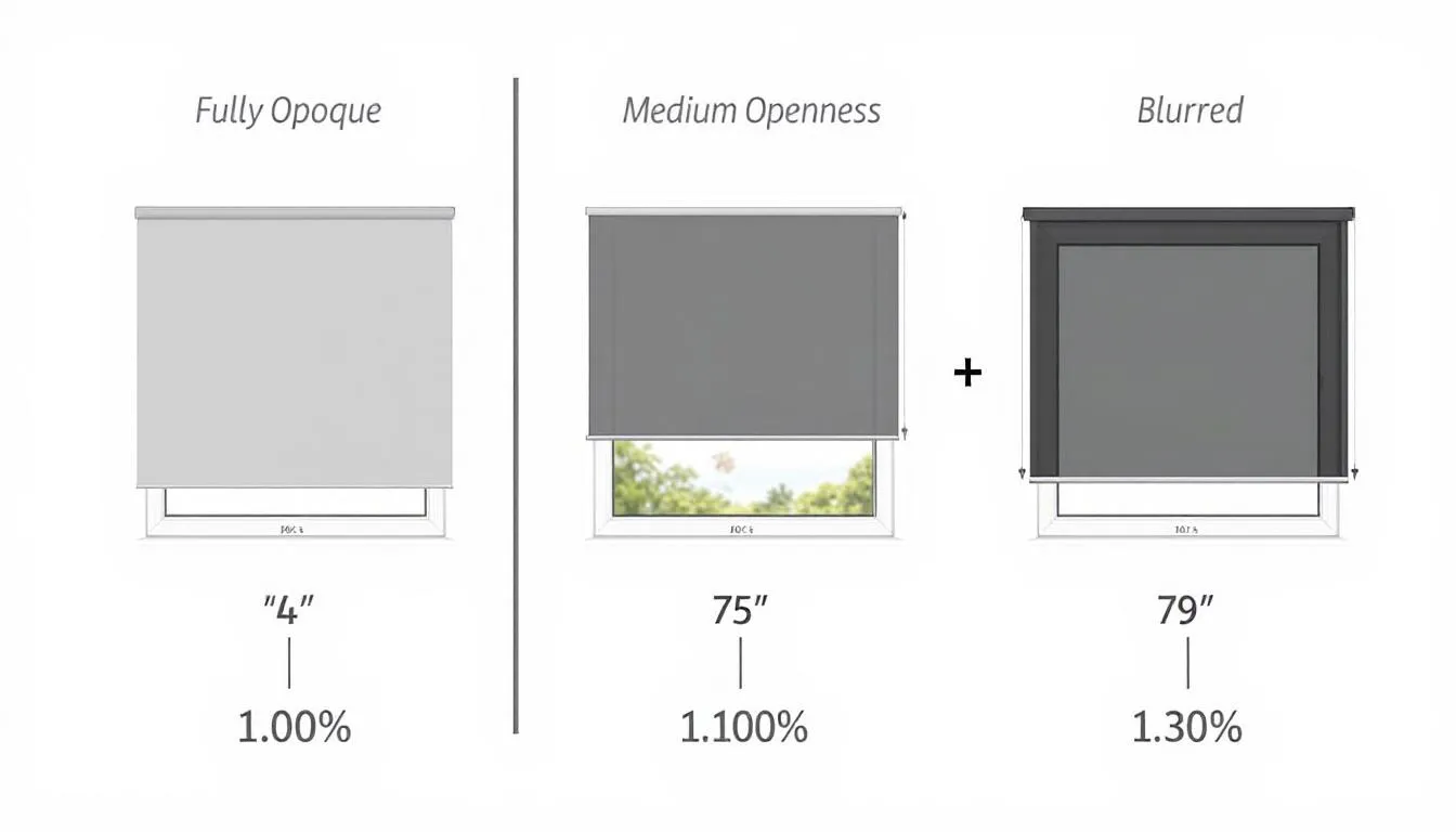 The image compares solar shades with varying openness factors, illustrating how each option affects view clarity while filtering light and blocking harmful UV rays. It highlights the benefits of solar shades in controlling light, reducing glare, and enhancing energy efficiency in window treatments.