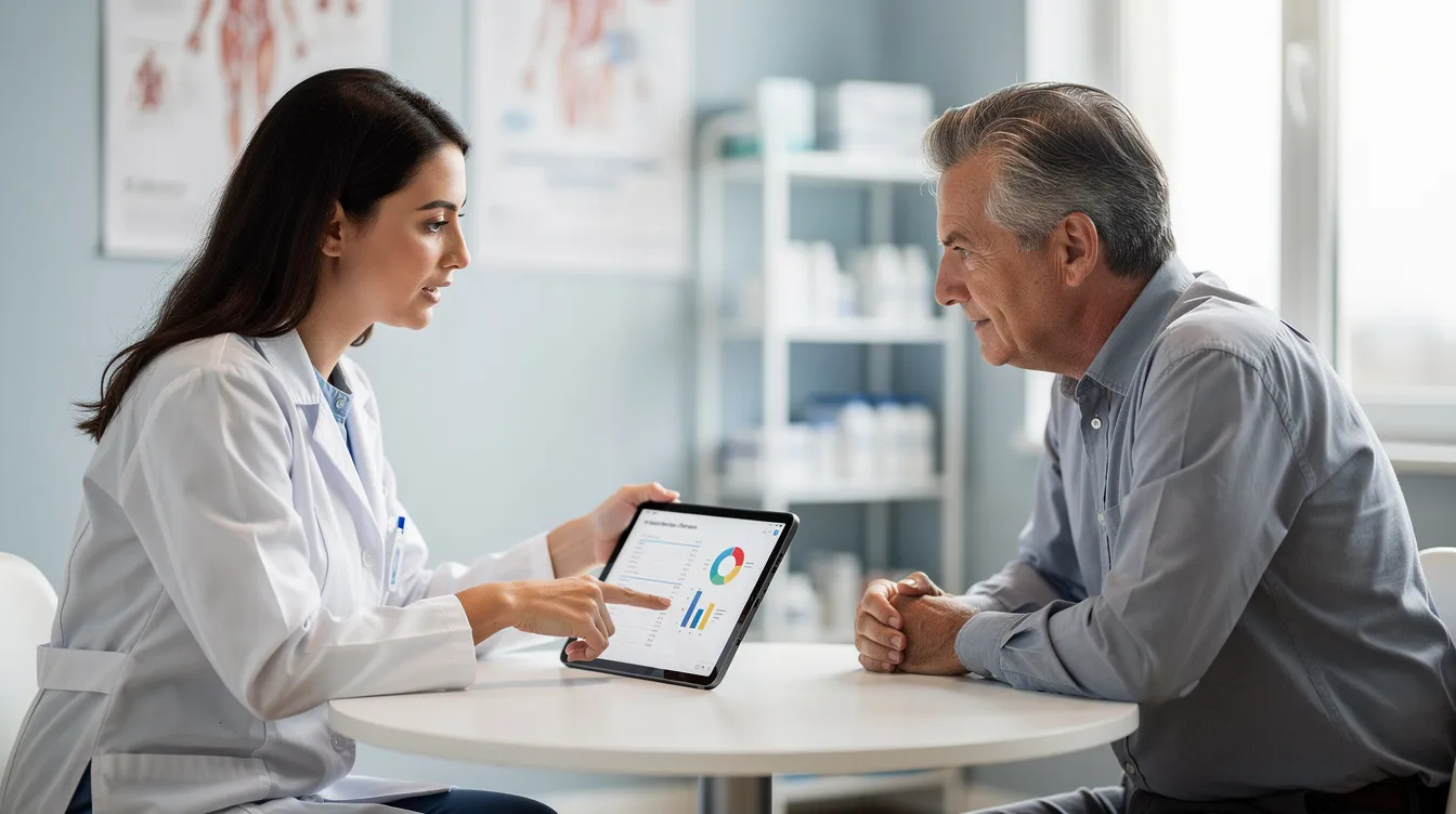 A healthcare professional is seated across from a patient, reviewing lab results that include details about red blood cells and vitamin D levels. The discussion likely revolves around the patient&rsquo;s supplement routine, including omega-3 fatty acids and alpha lipoic acid, to assess their impact on cardiovascular disease and overall health benefits.