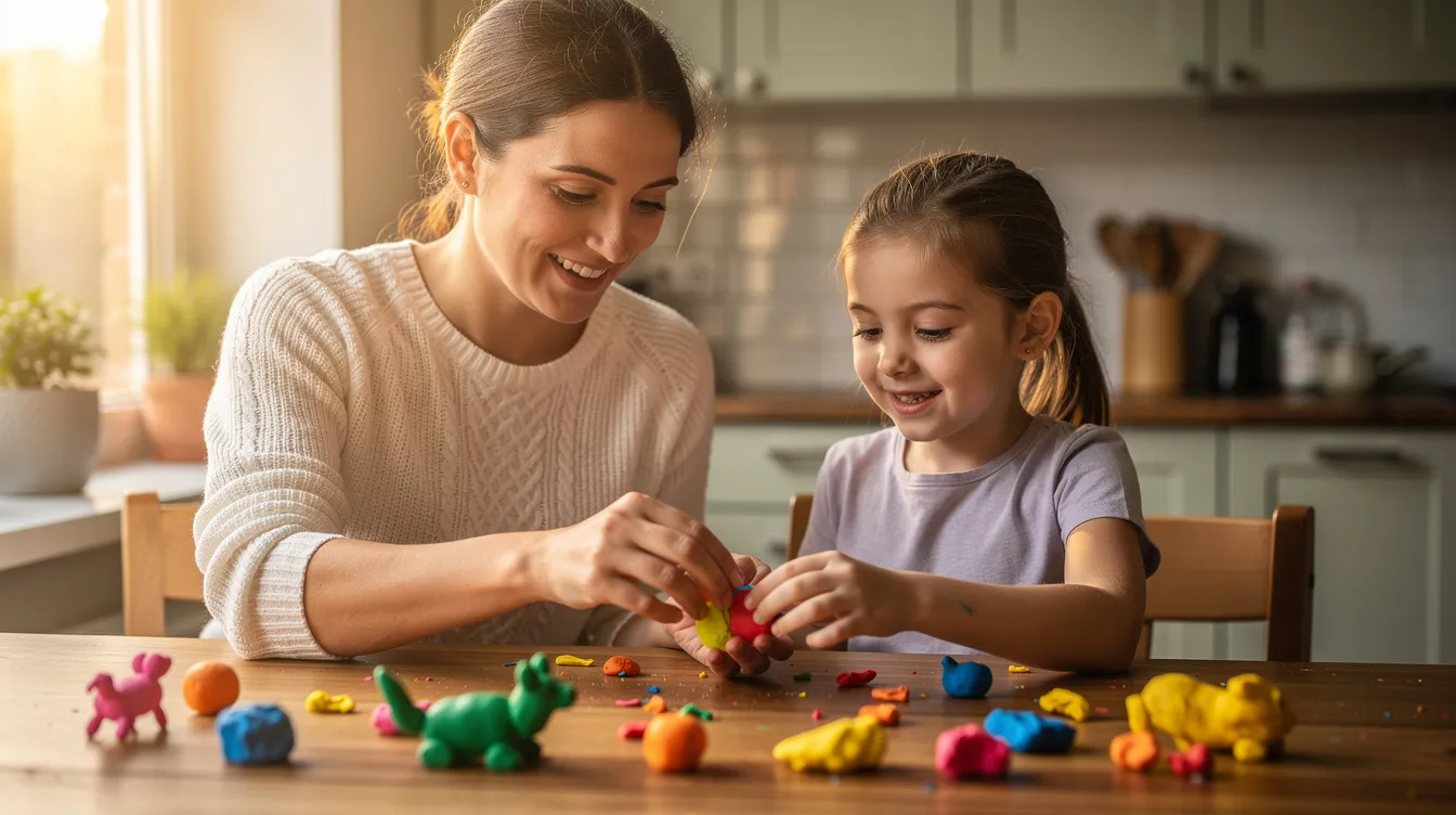 Un padre y su hija de cuatro años juegan con plastilina de colores en la mesa de la cocina, utilizando los dedos para modelar formas con movimientos pequeños y precisos. La interacción fomenta la motricidad fina y la coordinación ojo-mano de los niños mientras se divierten juntos.
