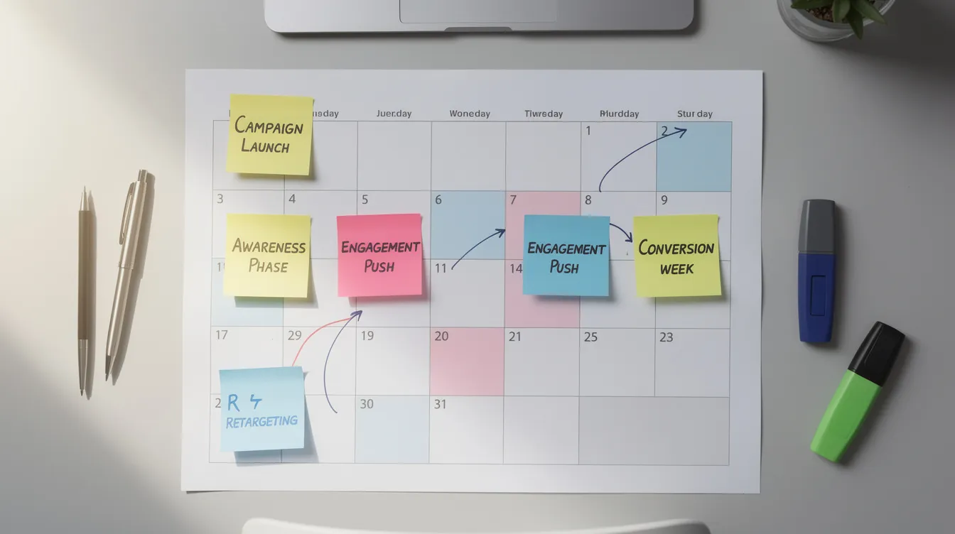 The image features a calendar filled with marketing milestones, accompanied by colorful sticky notes that outline various phases of a campaign. This visual representation highlights key marketing strategies for a dropshipping business, emphasizing the importance of effective planning to engage the target audience and optimize customer acquisition.